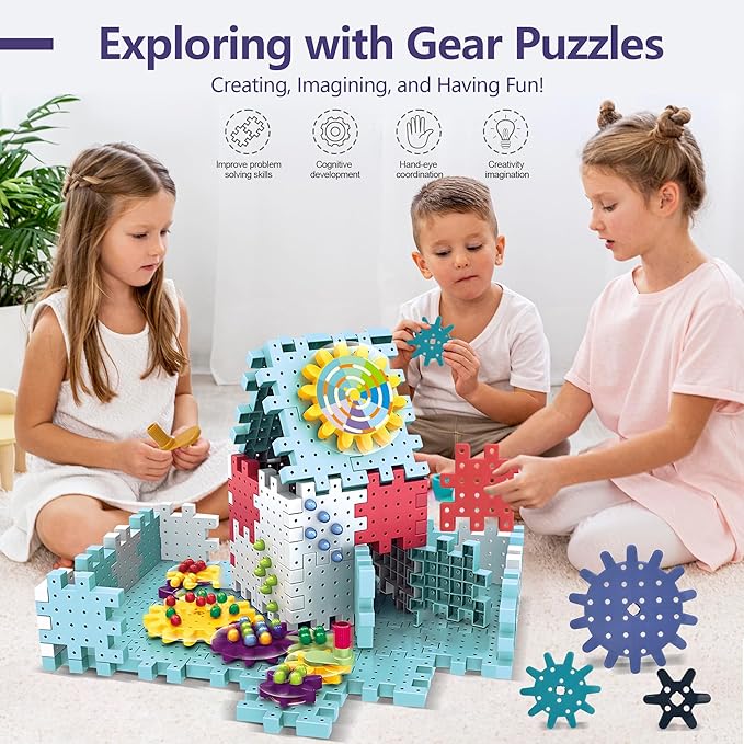 Gear Toys Interlocking Building Blocks, 150 Piece Educational Engineering Building Toys Set, Creative Construction STEM Kits for Boys Girls, Waffle Blocks for Kids Ages 3+