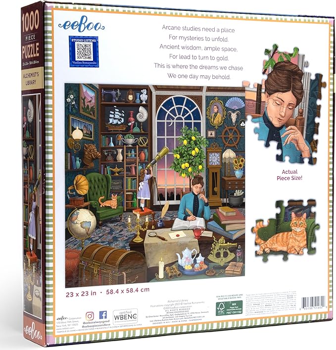 eeBoo 1000 Piece Puzzle - Alchemist's Library Jigsaw Puzzle for Adults, Square 23" x 23" Made with Recycled Board & Vegetable-Based Ink