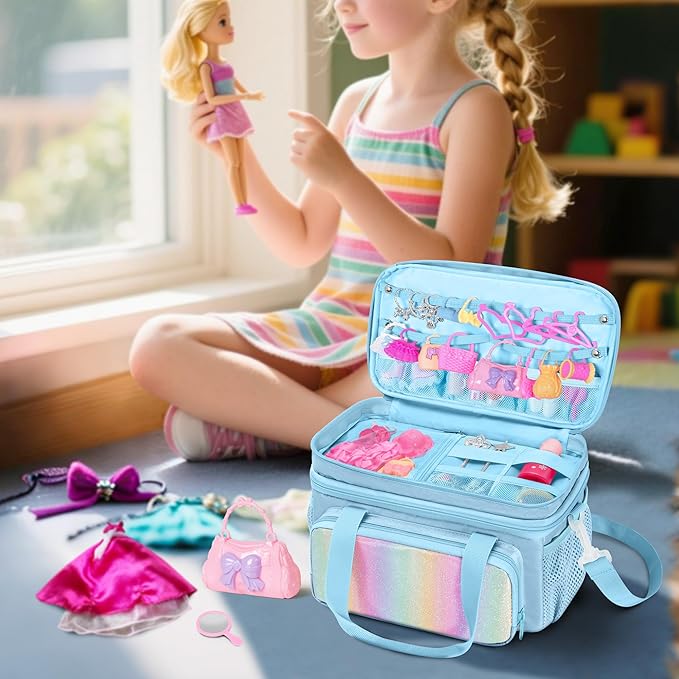 GRAOSO Carrying Case Compatible with Barbie Doll Clothes, Doll Accessories Storage Organizer, Double Layer Design, with Handle and Detachable Shoulder Strap, Case only (Blue)
