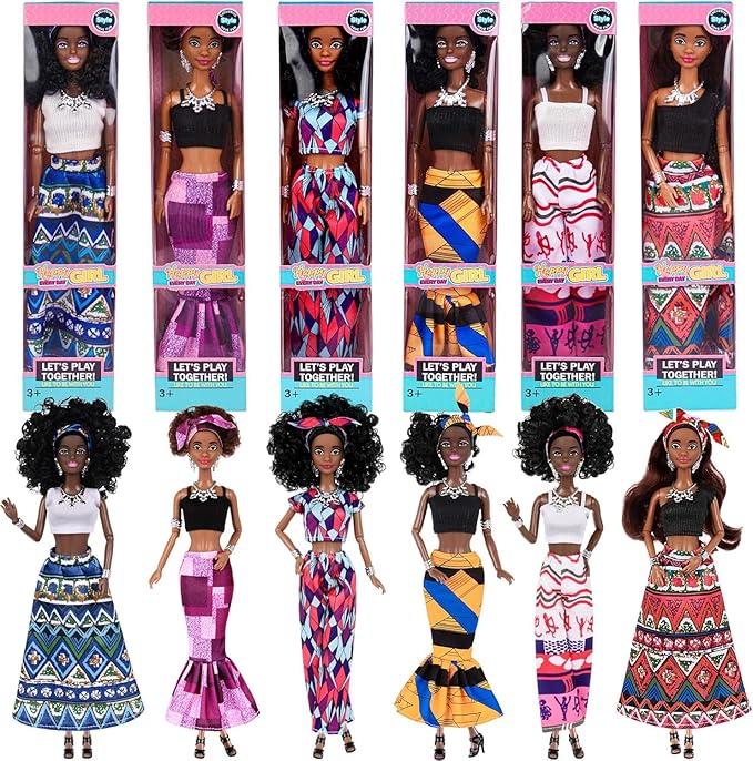 dollbie 6 Pack African American Fashion Dolls Set with Mix & Match Outfits – 11.5" Posable Black Dolls & 5 Accessories Each (Crown, Necklace, Headscarf & More) + Pink Gift Case