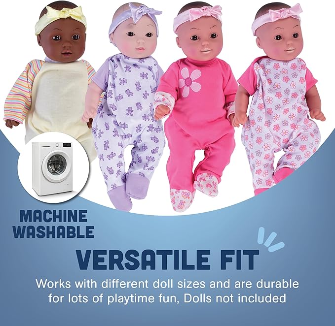 Constructive Playthings 4-Piece Sleeper Set for 12 Inch to 14 Inch Baby Dolls, Machine Washable Pajamas for Dolls, Baby Doll Accessories, Ages 2+
