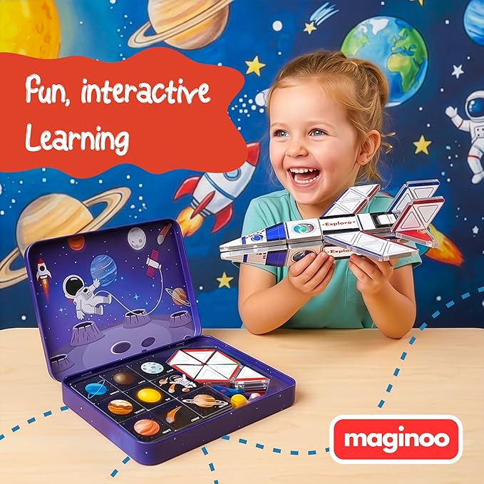 42PCS Mini Magnetic Tiles Space Rocket Travel Set with Iron Box STEM Educational Building Blocks Magnetic Construction Toy for Kids Ages 3 to 8 Creative Gift for Boys and Girls