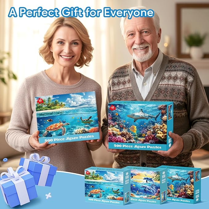 3 Pack Puzzles for Adults 500 Pieces, Sea Turtle Dolphins Sharks Puzzle 500 Piece, Challenging Ocean Jigsaw Puzzles with Letter on Back Poster, Gifts for Adults, Birthday & Game Night 20.5" x 15"