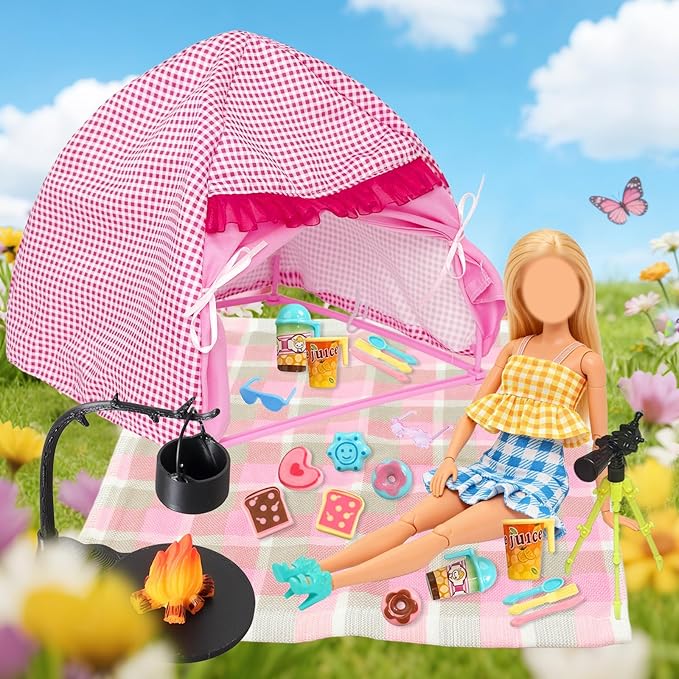 35 Pcs Travel Camping Tent Playset for Girl Dolls, 1 Tent 1 Picnic Mat 1 Telescope 20 Pcs Campfire and Food Sets 3 Outfits 3 Shoes 2 Glasses, Camping Accessories for 11.5 inch Doll