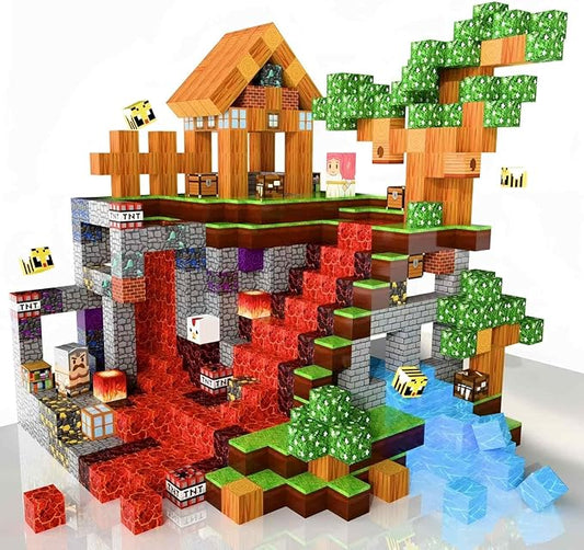 200PCS Magnetic Building Blocks Set – 0.8in Pixel World Construction Toys, Strong Magnets, STEM Creative Play Set for Kids Ages 3+, Village, Lava & Portal Scenes