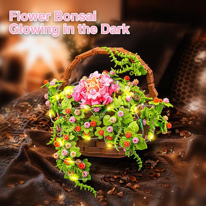 Flower Bouquet Building Set, Flowers Basket Bonsai Plants with Light, Botanical Collection Wall Decor, Creative Building Toy Gift for Adults (691 PCS)