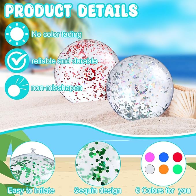 Chivao 12 Pack 16 Inch Glitter Beach Ball Inflatable Beach Ball Giant Pool Toys Blow up Swimming Pool Water Toys for Summer Indoor Outdoor Water Games Themed Birthdays Party Favor