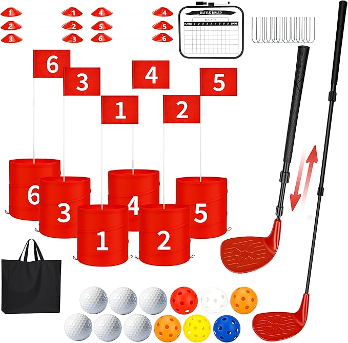 Premium Backyard Golf Game Set – Ultimate 6-Hole Outdoor Course with 2 Upgraded Adjustable Clubs, 12 Practice Balls & Carry Bag – Fun Lawn & Tailgate Games for Adults, Family, Camping