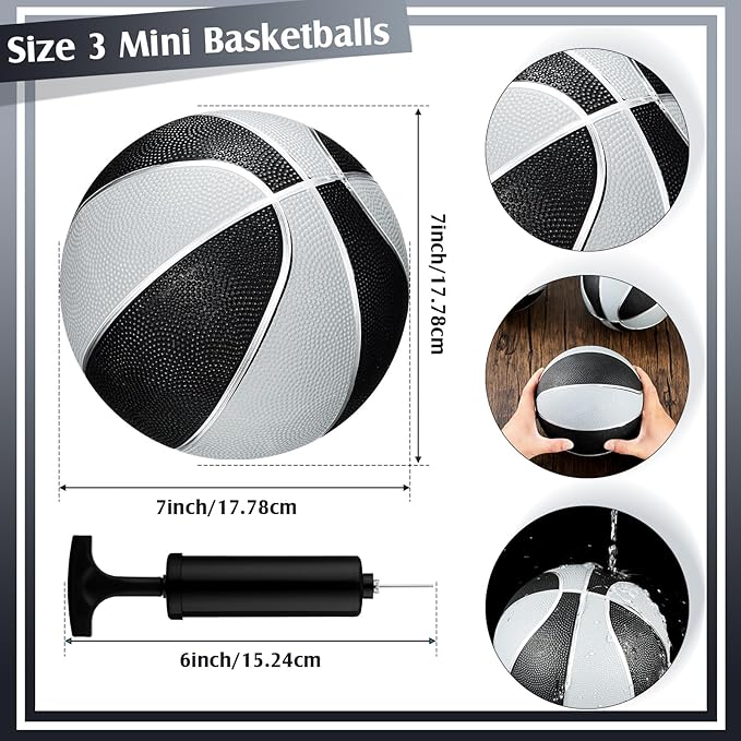 8 Pack 7 Inch Mini Rubber Basketballs Set Small Basketball with Air Pump Mini Hoop Junior Size 3 Basketballs for Beginner Arcade Games Indoor Outdoor Pool Party Favors(Black and Silver)