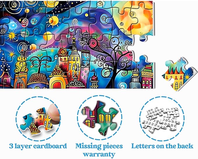 Colorful Houses Puzzles for Adults 1000 Pieces, Village Night Landscape Jigsaw Puzzles, Fantasy Abstract Starry Sky Puzzle as Nature Decor