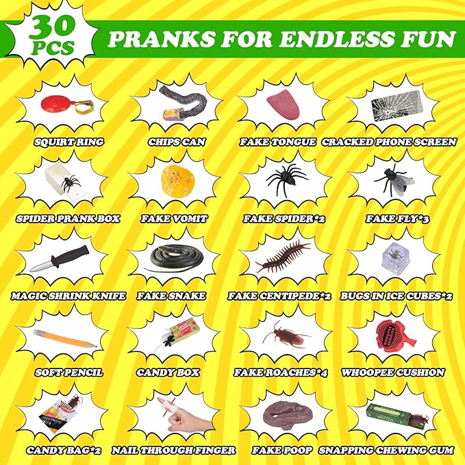 Prank Kit Funny Gag Gifts, Joke Box Ultimate Gift Set, Practical Jokes Perfect Party Favors 30 PCS Pranks for Kids Adults, April Fools Jokes Toys