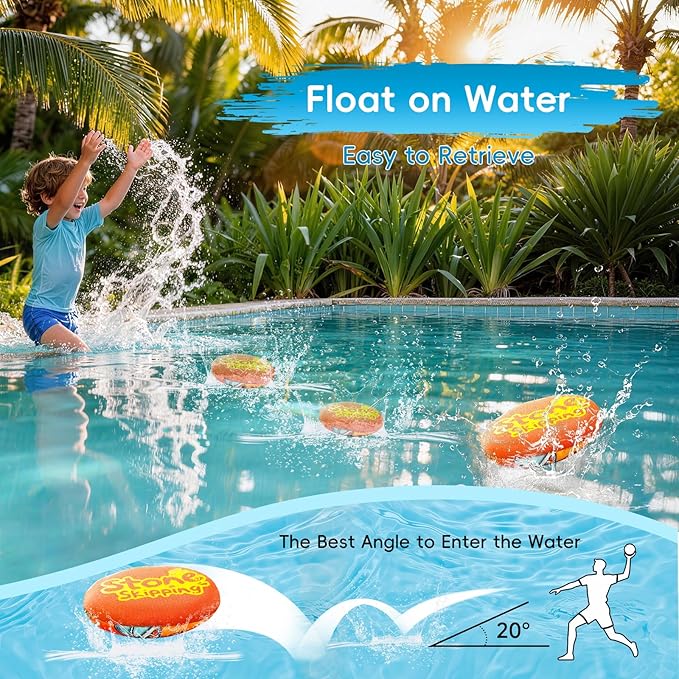 Water Stone Skipping Discs Set 4 Pack – Fun Pool Toys for Kids All Ages – Water Bouncing Skip Ball Toy for Boys & Girls – Best Games Gifts with Your Friends & Family at the Beach, Lake or Pool