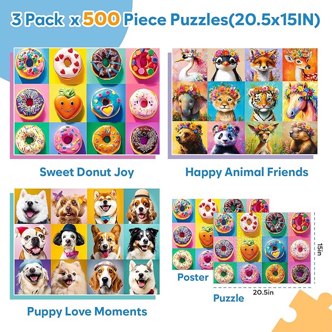 3 Pack 500 Piece Puzzles for Adults, Beautiful Wild Animals Jigsaw Puzzle for Teens Seniors, Recycled Cardboard Donut Dogs Puzzle 500 Piece, Family Activity Great Gift for Friends 20.5 * 15 inch