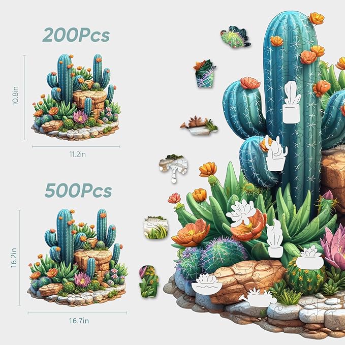 Delobil Succulent Cactus Wooden Puzzles for Adults, 500 Pieces Jigsaw Puzzles, Unique Shaped Wood Puzzle Gift for Adults and Kids, Family Game 16.7'' x 16.2''