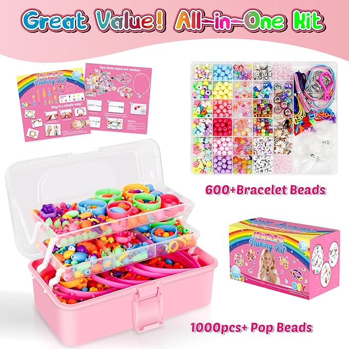 FUNZBO 1600 Pcs Pop Beads with Bracelet Making Kit, Jewelry Making Kit for Little Girls, Arts and Crafts Toys, Necklace Bracelet Ring Snap Set, Easter Birthday Gifts for Kids Ages 3-12 Years Old