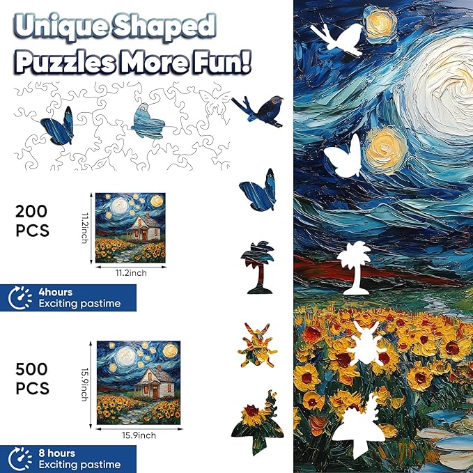 Leodozzio Wooden Puzzles for Adults, Starlight House Jigsaw Puzzles 200 Pieces, 5MM Thick Unique Shaped Animal Wooden Puzzle, Perfect Choice for Gifts, Wall Art Room & Artistic Home Decor, 11.2"x11.2"