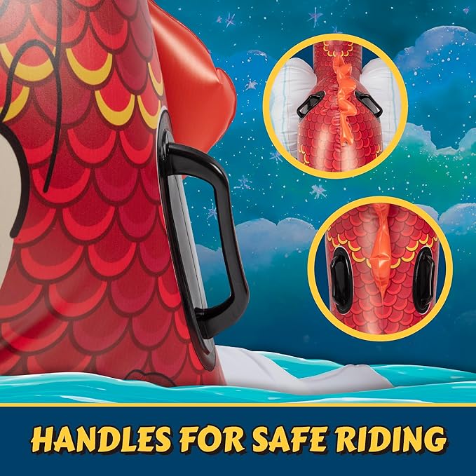 Giant Dragon Pool Float- 2 Person Inflatable Rider Over 7 FT Long w Sturdy Handles- Heavy-Duty PVC XL- Backyard, Beach, Lake, Pool Party Float Toy for Kids Teens, Adults- Outdoor Summer Water Fun Play