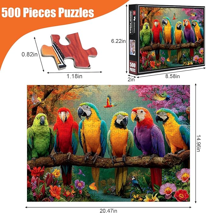 Parrot Puzzles for Adults 500 Pieces - Colorful Forest Bird Jigsaw Puzzle, Beautiful Wildlife Puzzles with Letters on Back, Challenging Hard Difficult Spring Puzzles as Thanksgiving Home Decor