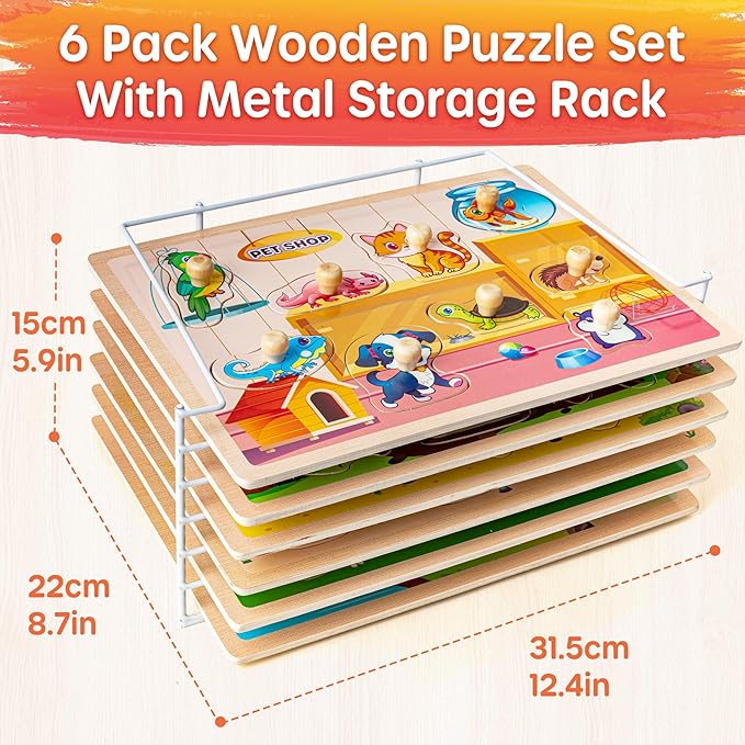 SYNARRY Wooden Puzzles for Toddlers 1-3, 6XSET Animals Puzzles for Toddlers 2-4 with Rack, Toddler Puzzles Ages 2-4, Kids Learning Educational Montessori Toys, Easter Basket Stuffers for Boys Girls