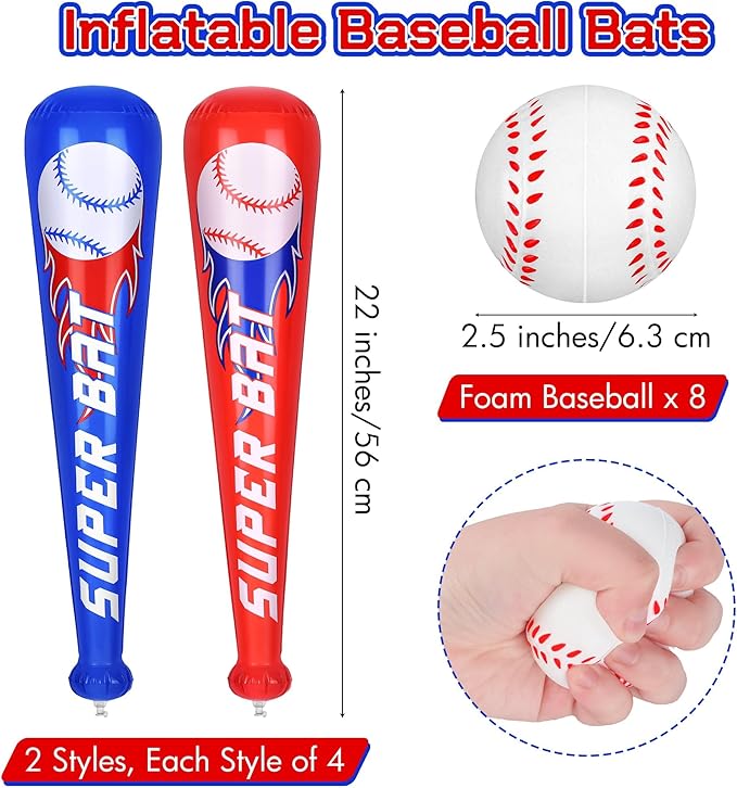 Fovths 8 Sets Inflatable Baseball Bats and Baseballs Set 22 Inch Inflate Baseballs with Mini Foam Sports Stress Ball for Sports Theme Birthday Party Favors