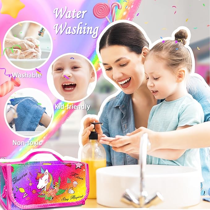 weirtoya 56 PCS Washable Scented Markers with Glitter Pencil Case, Mermaid Unicorn Arts and Crafts for kids 4-6-8 Kids Coloring Drawing Kits for 4-8 Years Old Girls Xmas Gifts Stocking Stuffers