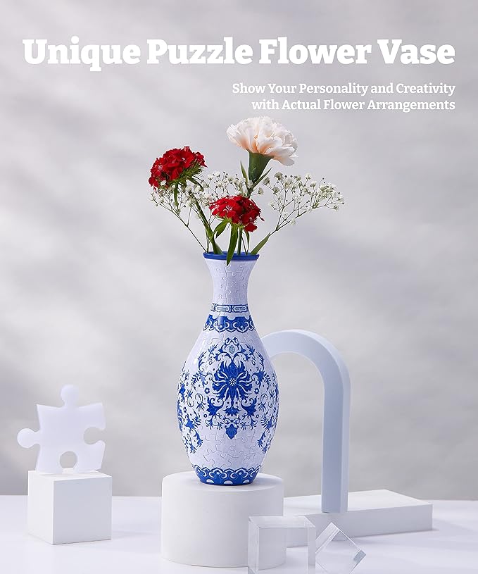 Pintoo 3D Puzzle Vase Unique Flower Vase Made by 160 Curved Plastic Puzzle Pieces House Warming Gift for Flower Arrangements and Home Decoration, for Mom [S1032] (Classic, Indigo Age)