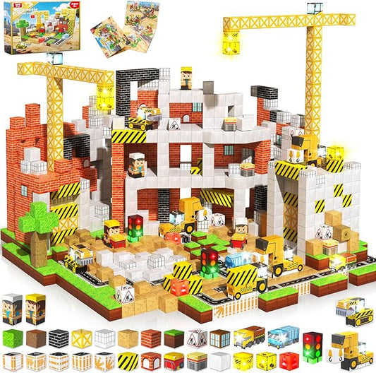 200PCS Light Up Magnetic Blocks - Magnet Building Blocks, Stacking Magent Cubes Construction Theme, STEM Montessori Sensory Educational Easter Birthday Gifts Toys for Kids Boys Girls Ages 3-12
