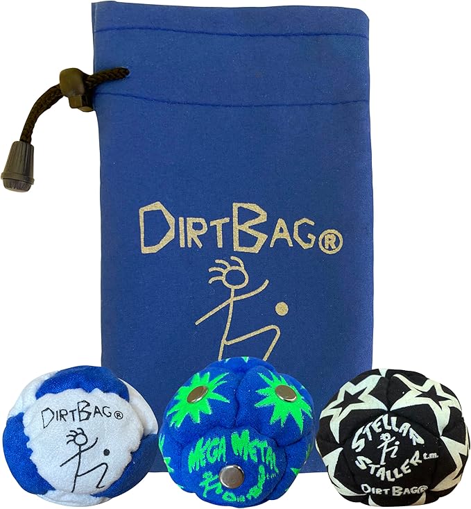 DIRTBAG All Star Footbag 3 Pack with Pouch, 100% Handmade, Premium Quality, Bright Vivid Colors, Signature Carry Bag