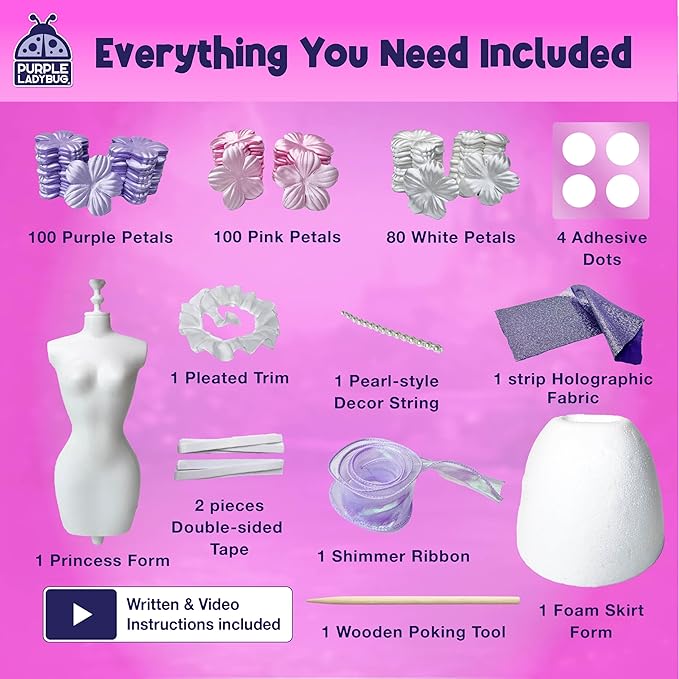 PURPLE LADYBUG 3D Princess Dress Poke Art Craft Kit for Kids Ages 6–12, Mess-Free DIY Flower Foam Activity Creative Gift Set, Birthday Holiday Craft Project