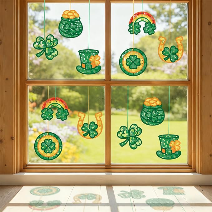 Feifeiya 24 Sets St. Patrick's Day Suncatchers Craft Kit for Kids DIY Shamrock Tissue Paper Sign Art Craft Kit Gift for Irish Saint Patrick Classroom Game Activities March Holiday Party Decor