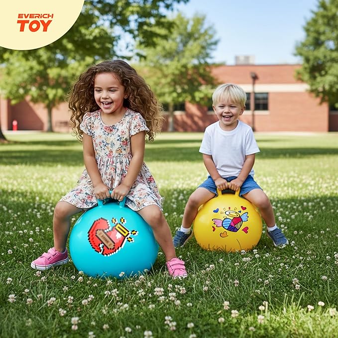 EVERICH TOY 2-Pack Hopper Ball for Kids, 18In Hippity Hop Balls, Yellow & Blue Bouncy Ball with Handle, Indoor Outdoor Active Play Toys Easter Basket Stuffers Girls Boys Gifts for 4 5 6 7 8 Yr Old