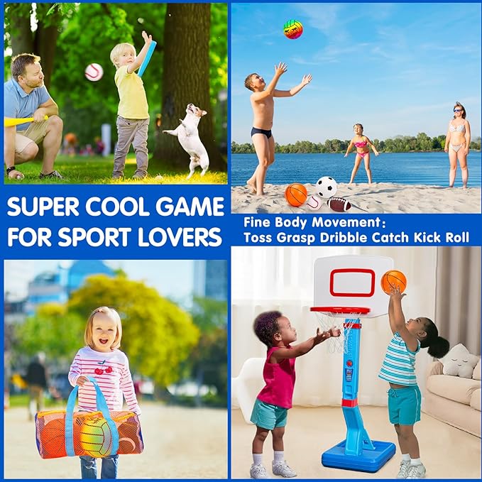 5 Pack Sports Balls for Toddlers 1-3 Outdoor Toys Football Soccer Basketball Baseball with Bag 1 2 3 Year Old Boy Toys Sport Bouncy Balls Outside Playground Toddler 1-3 2-4 3-5 Birthday Boys Gifts