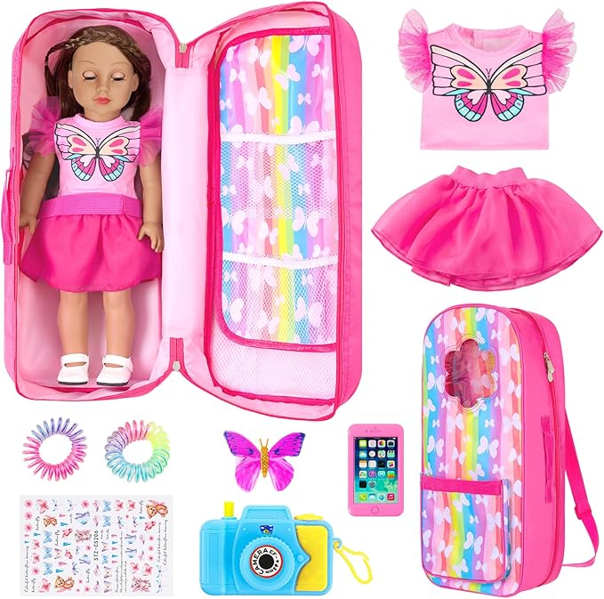 UNICORN ELEMENT 9 Items 18 inch Dolls Bag Set and Accessories Doll Carrier Including 18 Inch Doll Clothes, Camera, Sunglasses, Backpack and Sticker
