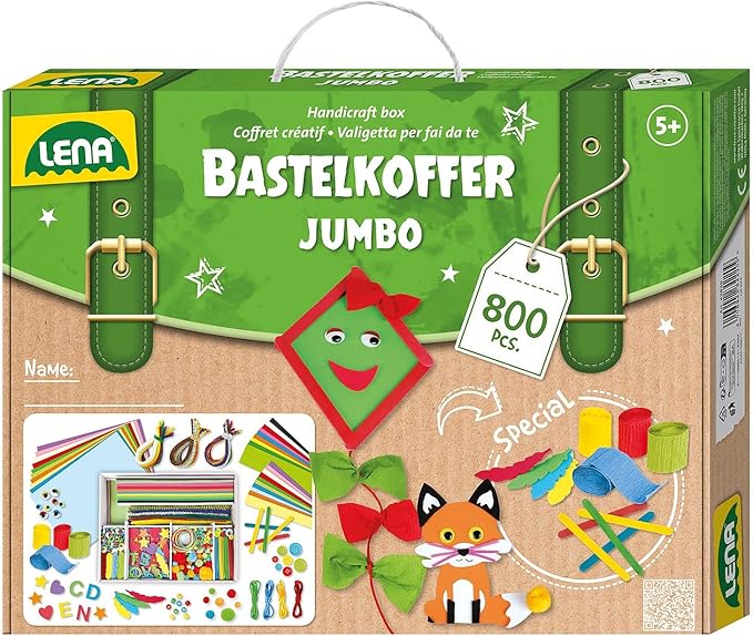 Lena 42629 case with Various Material for handcrafts, with Foam Rubber, Paper, Beads, Pompoms, Satin Ribbons, Buttons, Saucer Eyes and Much More, from 5 Years of Age, Jumbo 800 Colourful, 800 Teile