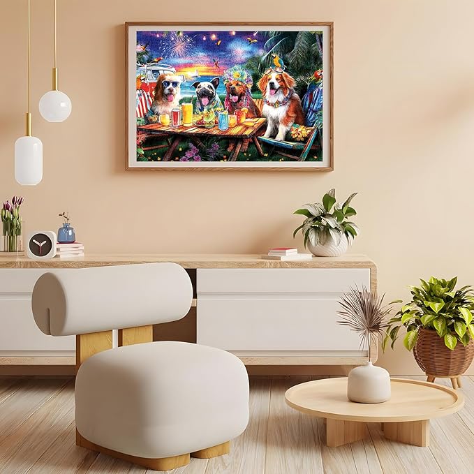 300 Piece Puzzles for Adults, 300 Piece Puzzles for Adults Large Piece, Beach Party Dogs Fireworks Jigsaw Puzzle, Challenging Puzzle Perfect for Game Nights, 20.5 X 15 in
