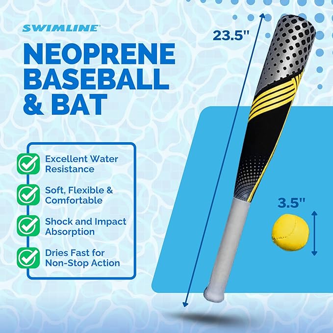 SWIMLINE Neoprene Pool & Beach Accessory for Active Group Play, Backyard Games, and Water Sports – Waterproof Soft Baseball & Bat Set, Black & Yellow