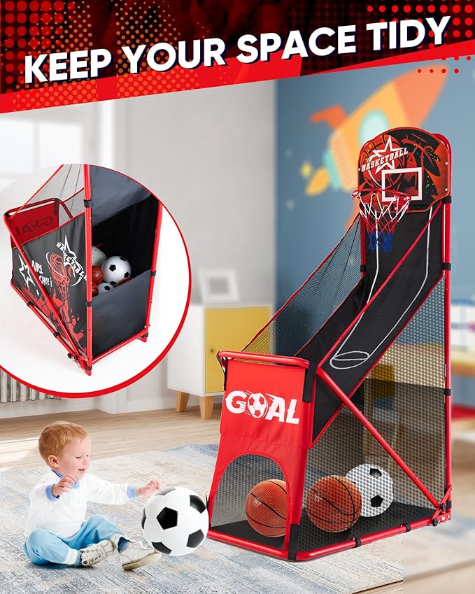 Basketball Arcade Game for Kids: Foldable Basketball Hoop Set with Soccer Goal- Portable Indoor Outdoor Sports Play Toy- Gift for Ages 3-12 Boys Girls- Air Pump and 3 Balls Included