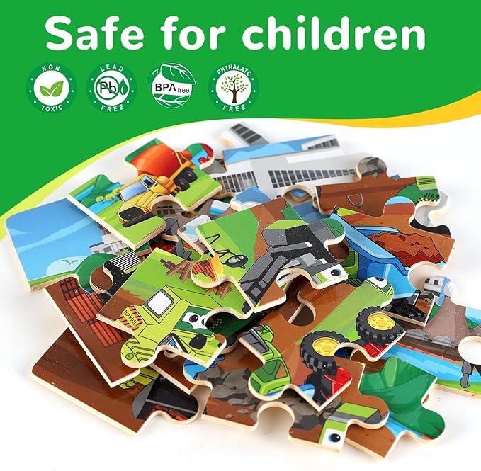 Wooden Educational Jigsaw Puzzles for Preschool Kids Ages 3-5, 4-Pack with 20 Pieces Transportation Wood Puzzles Set, Toddler Brain Teaser Toys, Preschool Gifts for Boys Girls Ages 3 4 5 6