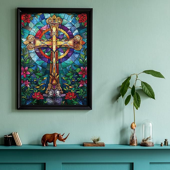 Stained Glass Cross Puzzles for Adults 1000 Pieces, Mosaic Christian Religious Jigsaw Puzzles, Flower Jesus Crucifixion Puzzles