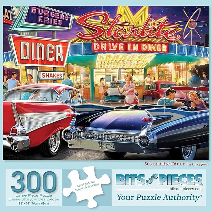 Bits and Pieces – Large 300 Piece Jigsaw Puzzle for Adults – 50s Starlite Diner - Classic Cars Drive in Jigsaw Puzzle by Larry Jones, Completed Puzzle Size: 18" x 24"