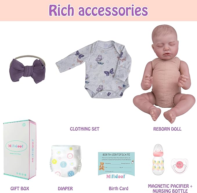 Milidool Reborn Baby Dolls, 20Inch Cute Soft Vinyl Realistic Newborn Baby Doll Poseable Lifelike Real Life Baby Dolls with Accessories for 3+ Year Old Girls Gifts, Pretend Play, Collection