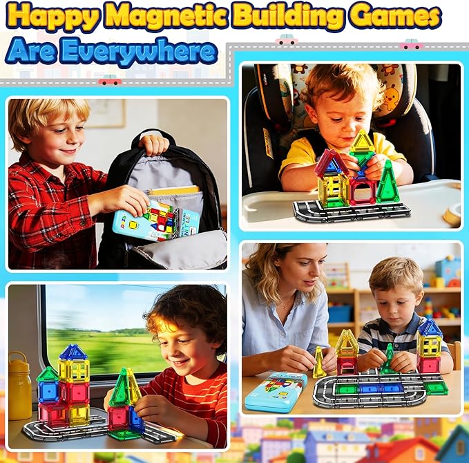 Mini Magnetic Tiles Road with Case Toddler Travel Toys Trip Essentials Set, Magnetic Building Blocks Toys for 3 4 5+ Year Old Boys Girls Montessori Sensory Learning Easter Birthday Gifts