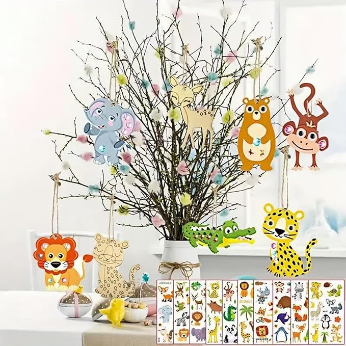 ShaoAngDuoMi 27PCS Paint Your Own Wooden Animal Crafts Kit – DIY Unfinished Wood Ornaments for Kids with Paint Pens & Stickers, Outdoor Art Activity, Garden Tree Hanging Decorations, Creative Gift