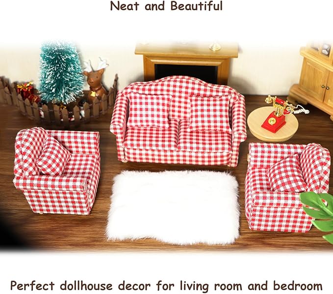 Dollhouse Couch with Pillow 1 12 Scale Miniature Sofa Arm Chair Living Room Furniture Wooden Fabric Frame Single Reading Chair Artificial House Room Scene Decoration (Plaid)