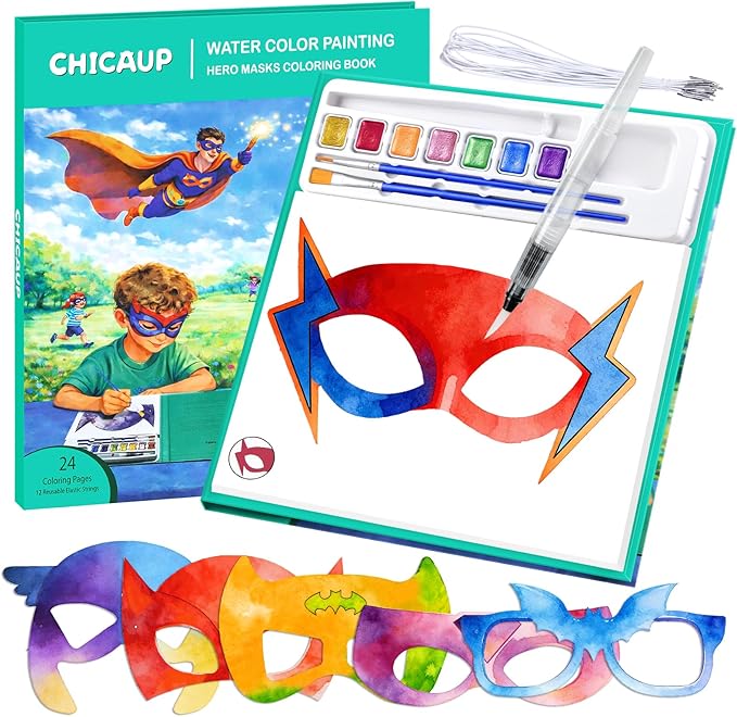 Paint with Water Coloring Books for Kids, 24 Pcs Paper Mache Masks Half Face, Hero Mask Painting Book, Mess Free Watercolor Painting Kit, Painting Activity for Boy Gift Ages 3-5 4-8 for Birthday Party Halloween Christmas