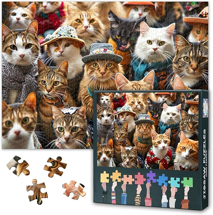1000 Pieces Puzzles for Adults - Large Jigsaw Puzzle Cats Wearing Hats, Challenging Mind Game, for Puzzle Enthusiasts, Finished Size 19.5 x 27.5 Inch