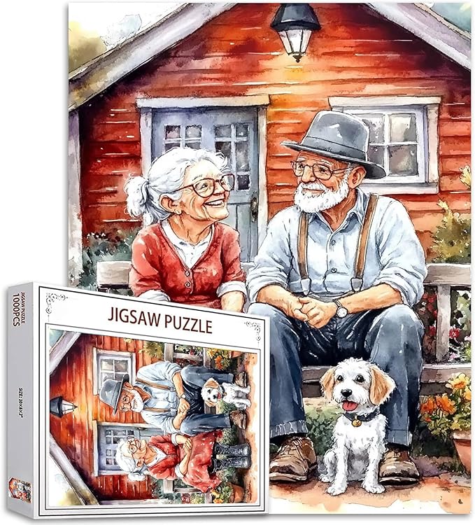 Old Couple Jigsaw Puzzles 1000 Pieces for Adults, Families (Man,Woman,Wooden House,Animal,Dog,Garden) Pieces Fit Together Perfectly 19.7''x27.6''inch Family Performance Frameable Magic Puzzle Art
