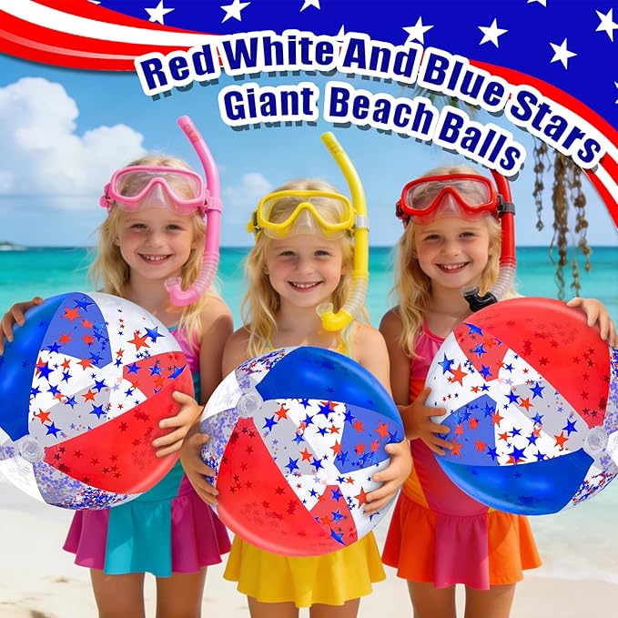 5 Pack Patriotic Sequins Beach Ball 24 Inch 16 Inch Pool Toys Balls Giant Red White and Blue Stars Glitters Inflatable Clear Beach Ball Swimming Pool Water Beach Toys Outdoor 4th of July Party Favors