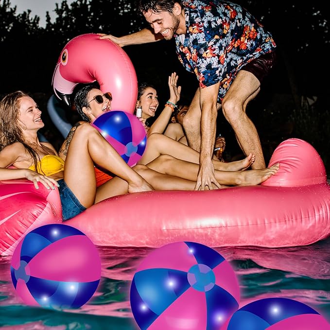 12 Pcs Light up Beach Balls 16'' Jumbo Pool LED Balls Glow in The Dark Neon Giant Inflatable for Summer Hawaiian Tropical Theme Beach Party Decor Water Accessory (Pink)