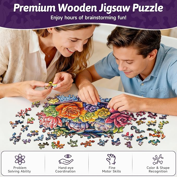 216 Piece Colorful Succulent Bowl Wooden Jigsaw Puzzle for Adults - 12.2x12.6’’ Vibrant Floral Plant Puzzle, Relaxing Family Activity, Unique Gift for Garden & Nature Lovers (Succulent)